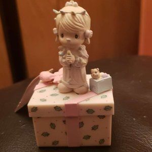Vintage Christmas Trinket Box Precious Moments Girl Cat in Box Tag To From 1991